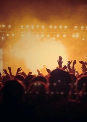 A concert with a full house and enthusiastic fans cheering under bright lights.