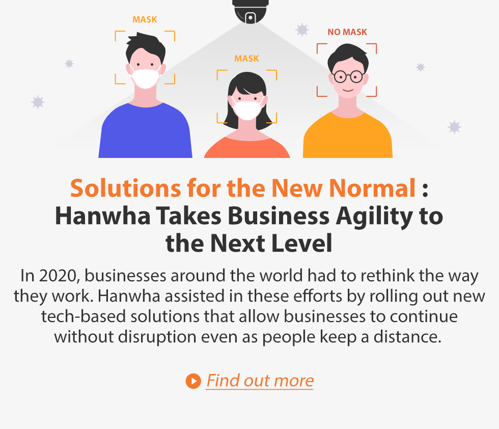 Solutions for the New Normal: Hanwha Takes Business Agility to the Next-Level. In 2020, businesses around the world had to rethink the way they work. Hanwha assisted in these efforts by rolling out new tech-based solutions that allow businesses to continue without disruption even as people keep a distance. Find out more