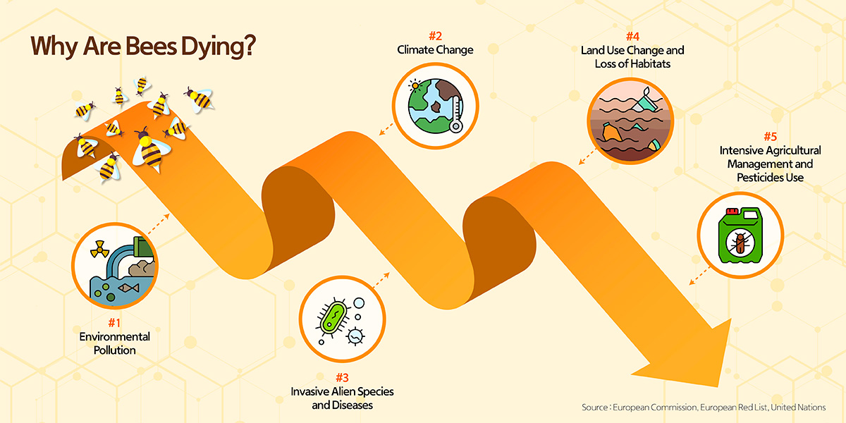 Climate change, environmental pollution, invasive alien species and diseases, loss of habitats and intensive pesticides use threaten the population of bees.