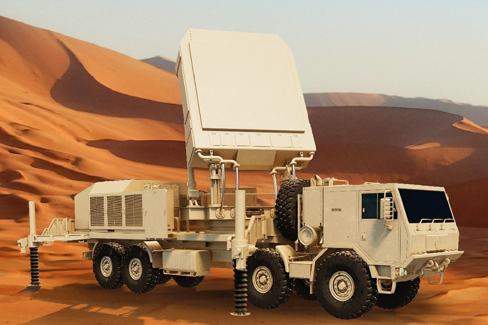 Hanwha Systems&rsquo; multi-function radar (MFR) for the medium-range surface-to-air missile system M-SAM-II parked in a desert