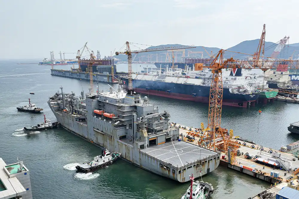 USNS Wally Schirra, a U.S. Navy dry cargo and ammunition ship, docked at Hanwha Ocean&rsquo;s Geoje shipyard for maintenance