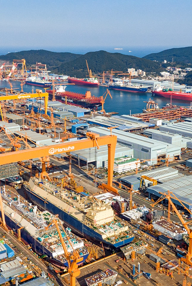 Work is underway at Hanwha’s Geoje shipyard, on Korea’s southeastern coast.