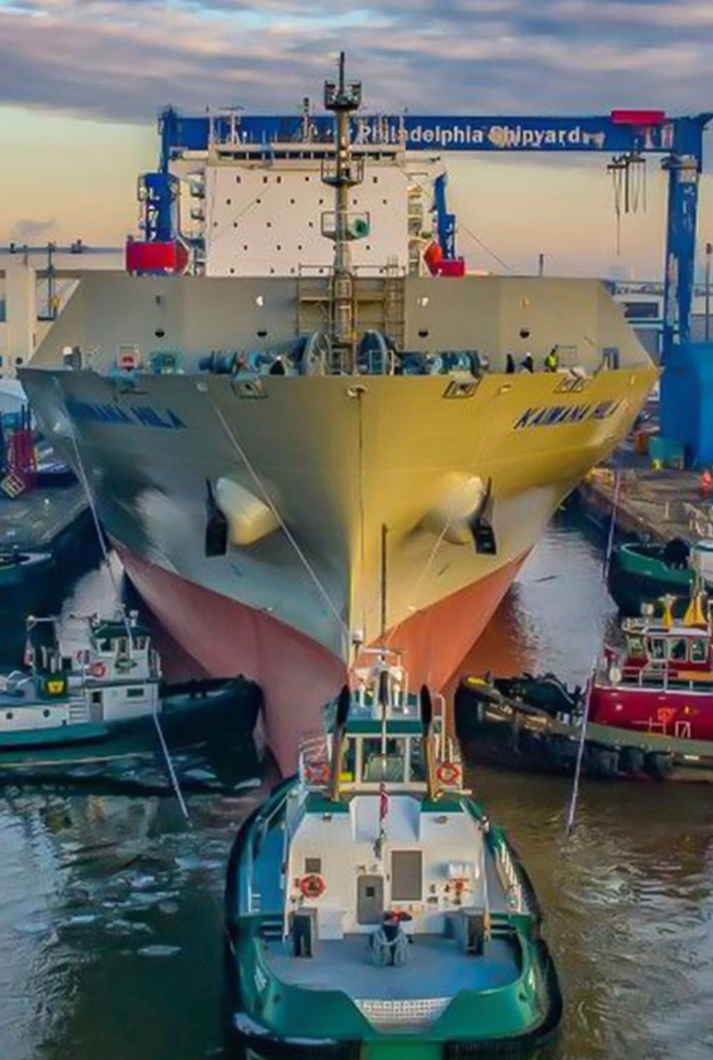 A large ship is docked at Philly Shipyard, in Philadelphia, PA.