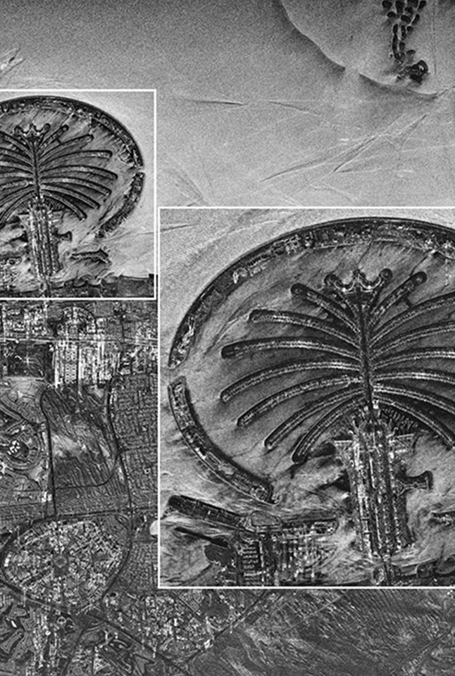 Palm Jumeirah, the world's largest man-made archipelago in the shape of a palm tree in Dubai, taken by Hanwha System's small SAR satellite.