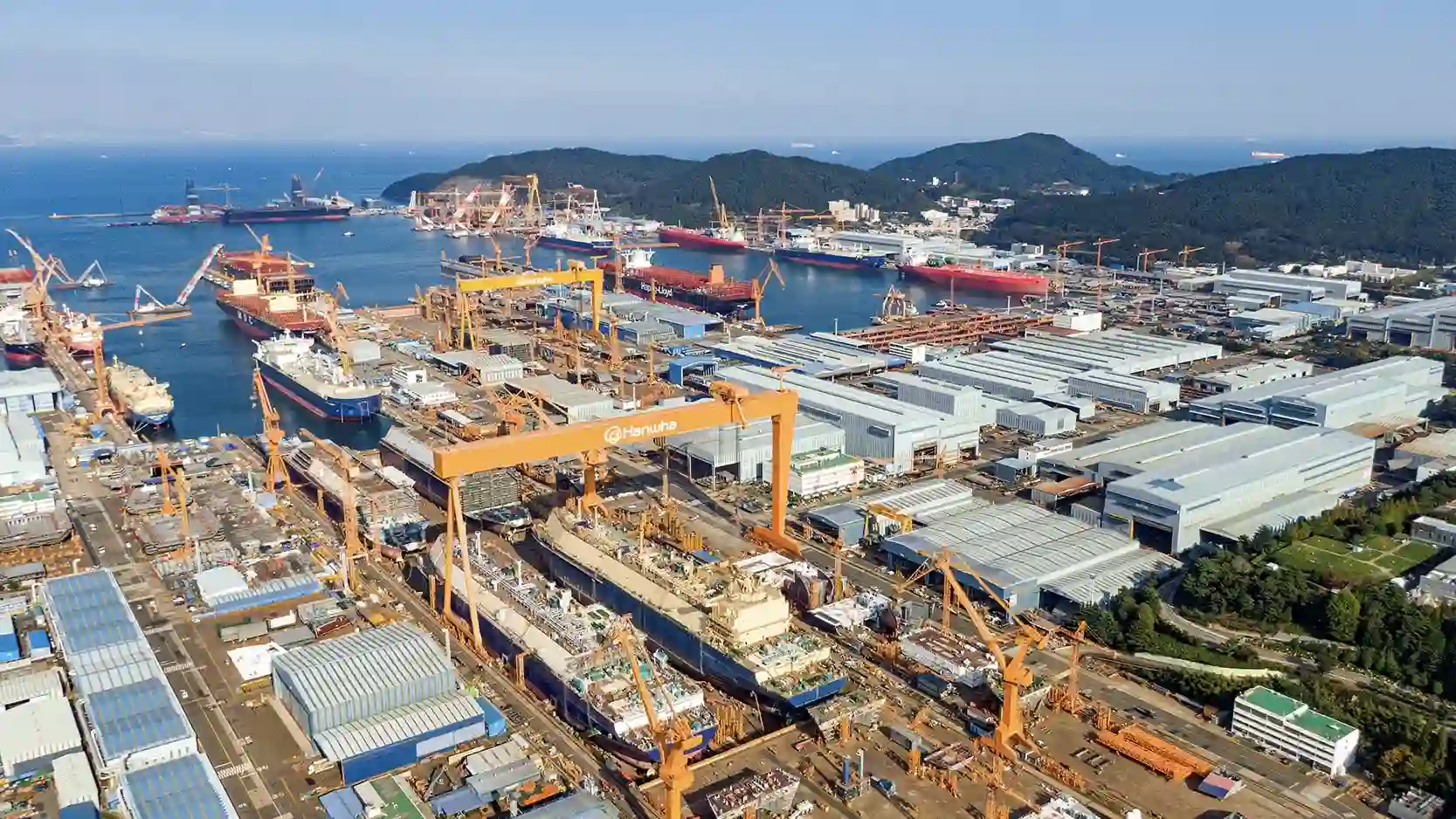 Work is underway at Hanwha&rsquo;s Geoje shipyard, on Korea&rsquo;s southeastern coast.
