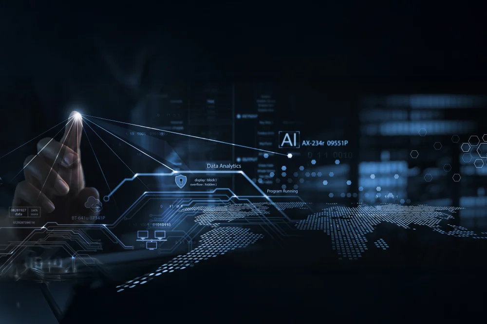 A hand interacting with an AI-driven digital interface visualizing automation, data flows, and analytics.