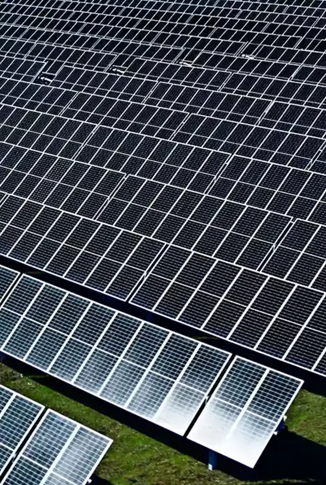 Rows of solar panels installed on a field, showcasing renewable energy innovation.