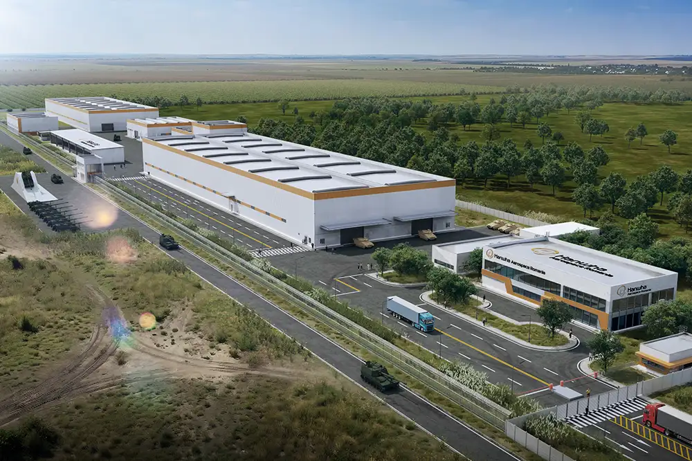 Architectural concept of Hanwha Aerospace armoured vehicle production facility in Petrești, Romania.