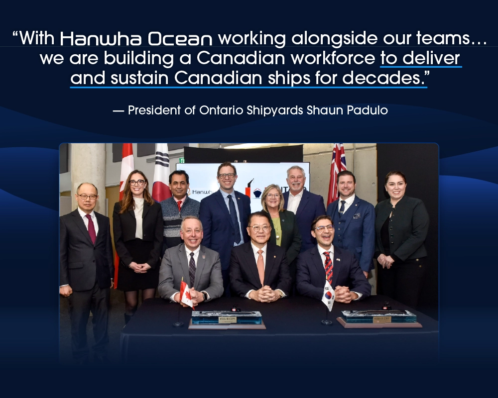 Officials from Hanwha Ocean, Ontario Shipyards, and Mohawk College pose for a commemorative photo.
