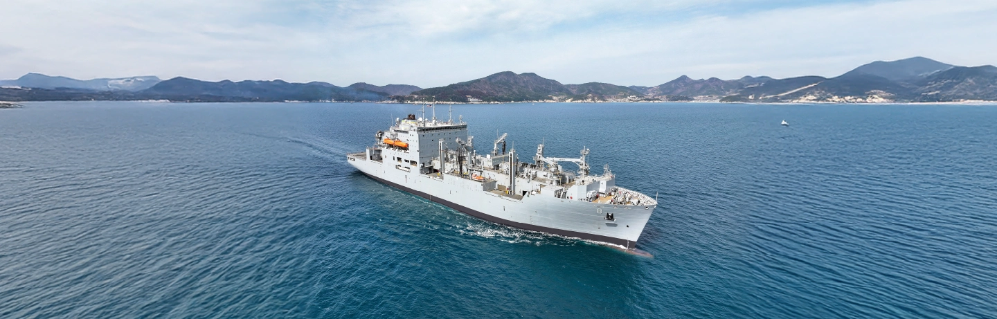 A bird’s eye view of maintenance, repair, and overhaul being performed on USNS Wally Schirra at Geoje shipyard