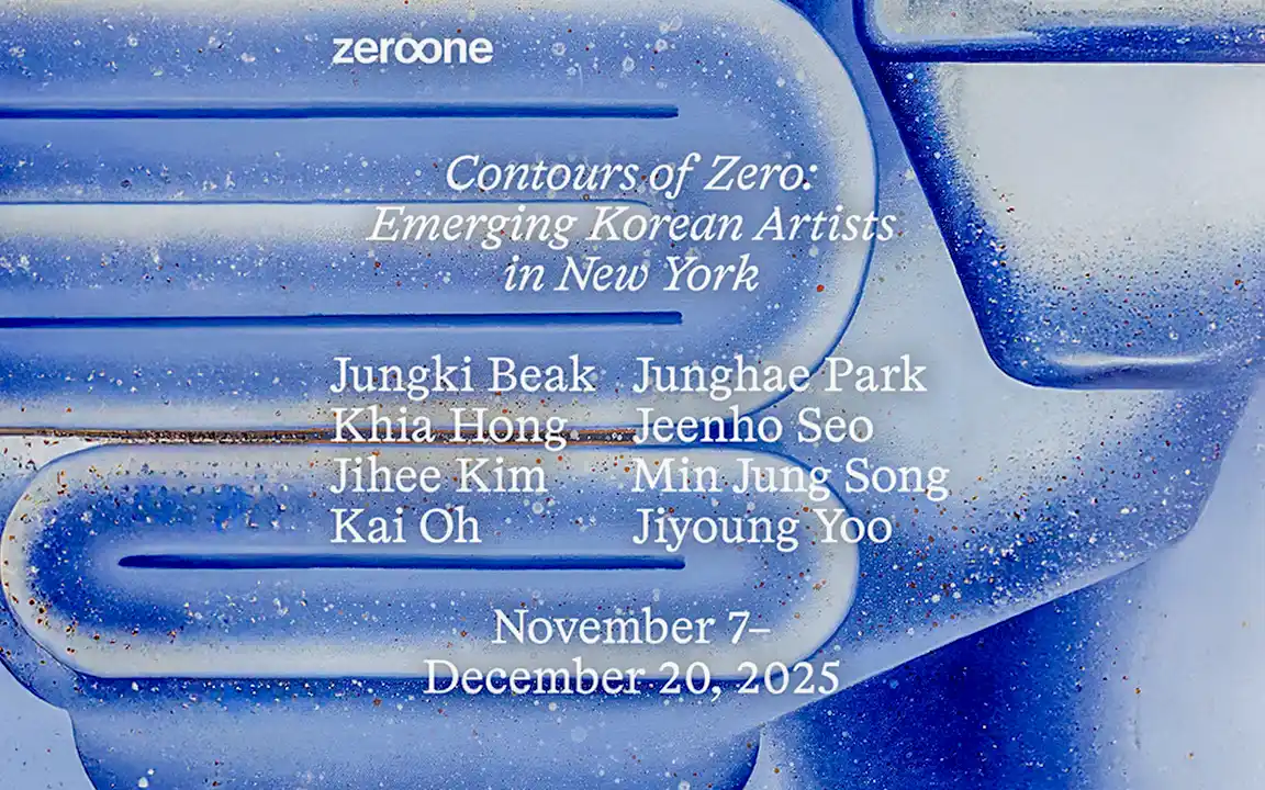A blue poster of the inaugural exhibit, “Contours of Zero: Emerging Korean Artists in New York.”
