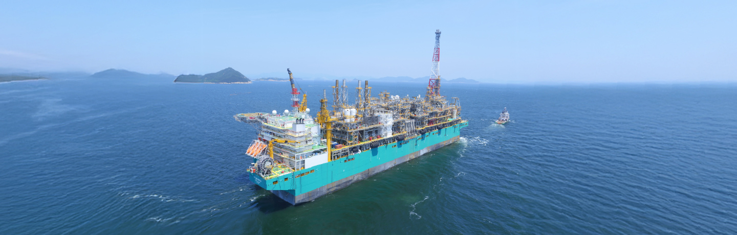 Aerial view of Hanwha’s world-first floating liquefied natural gas facility operating offshore.